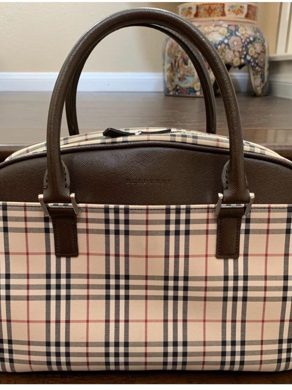 Burberry Beige Plaid Satchel with Brown Leather Handles